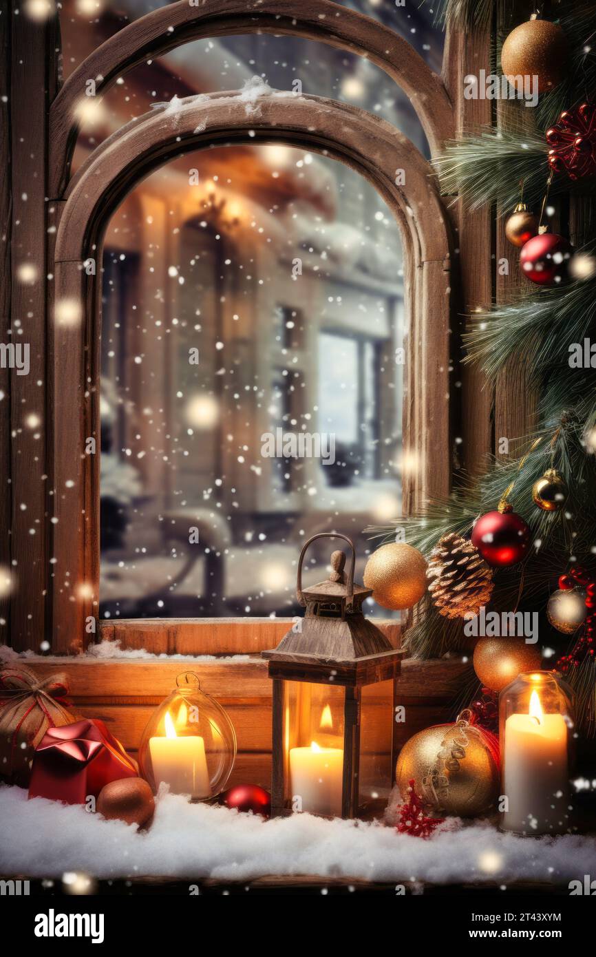Two Christmas-themed candles and decorations in front of a mirror ...