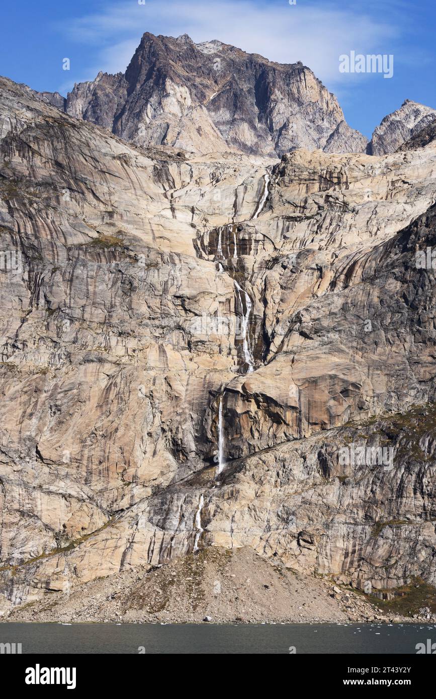 Greenland waterfall - geology in action; Prince Christian Sound fjord ...