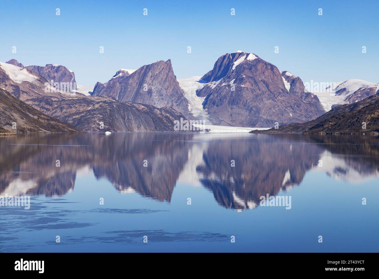 Greenland landscape. Skjoldungen Fjord, surrounded by mountains and glaciers, Skjoldungen, East Greenland Europe. Greenland and Arctic travel. Stock Photo