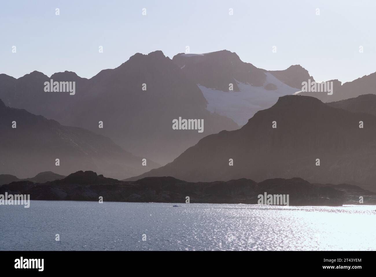 East Greenland landscape; mountains glaciers and sea, Skjoldungen fjord, east Greenland; Beautiful Arctic landscape Stock Photo
