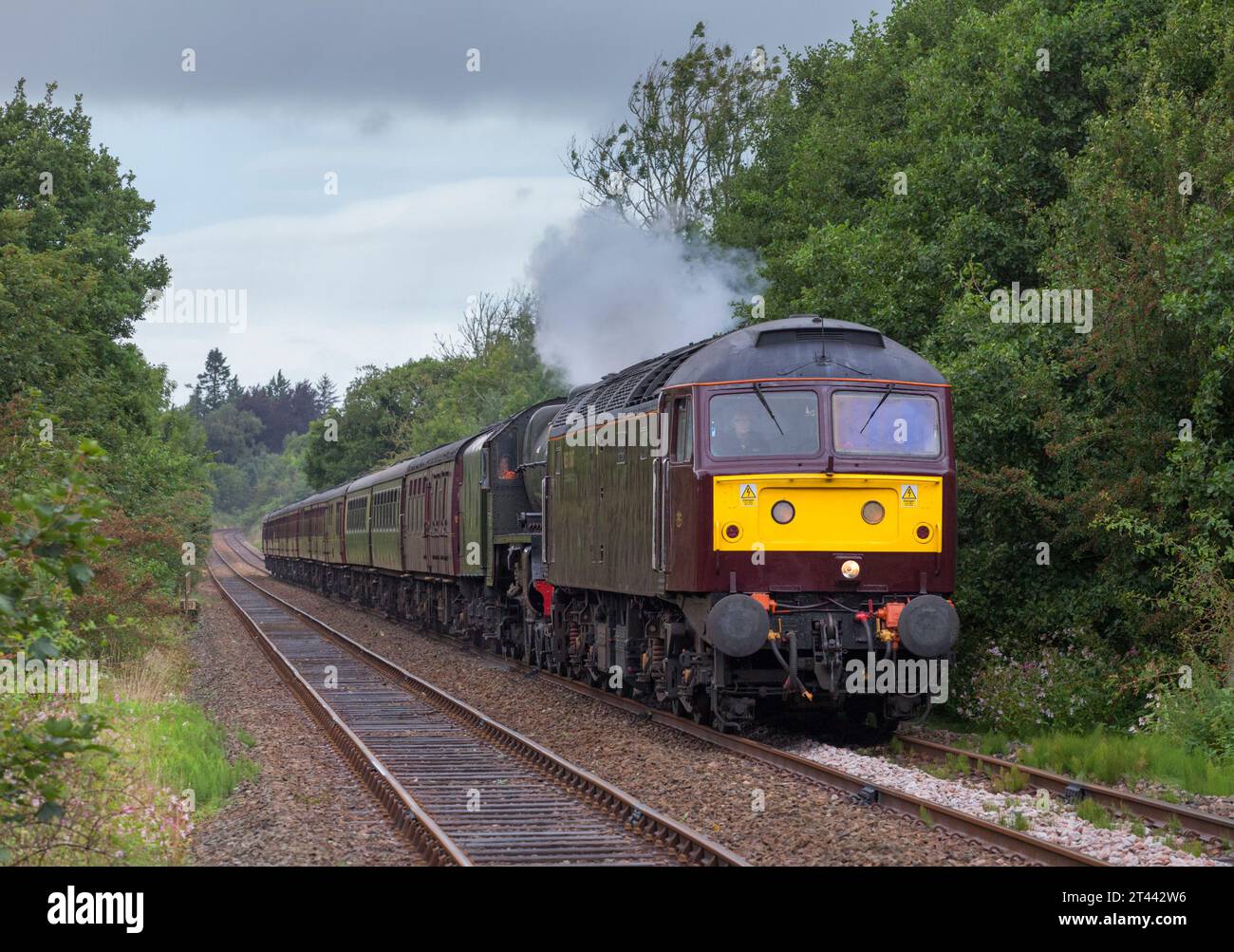 West Coast railway co class 47 locomotive on the little North western railway with empty charter train carriages with a steam engine near Melling Stock Photo