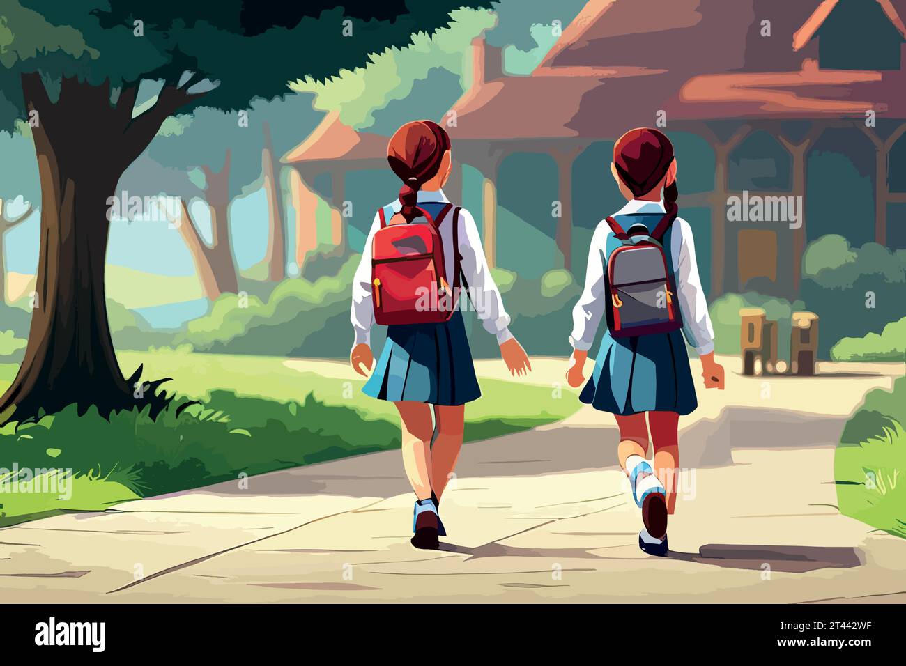 Happy children schoolchildren with backpacks go back to school. Vector illustration Stock Vector