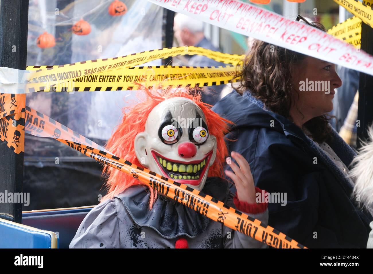 Newquay, Cornwall, UK. 28th October 2023. The annual zombie crawl for halloween took place at Newquay town centre today, with performers and the public donning their best costumes and make up for the day.  Credit Simon Maycock / Alamy Live News. Stock Photo