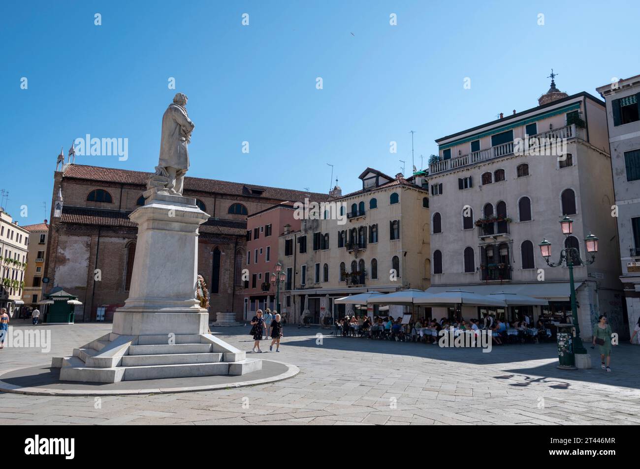 Camp S. Stefano is a large city square lined with cafes, restaurants and nightclubs popular with tourists near the Ponte dell'Accademia, in Venice in the Stock Photo
