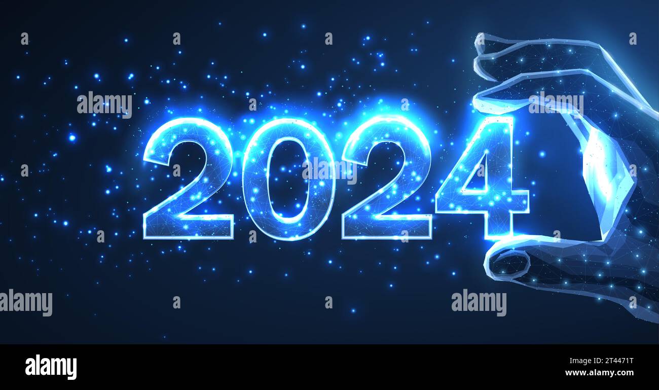 Numbers 2024 in digital hand. New year blue background. Low poly style