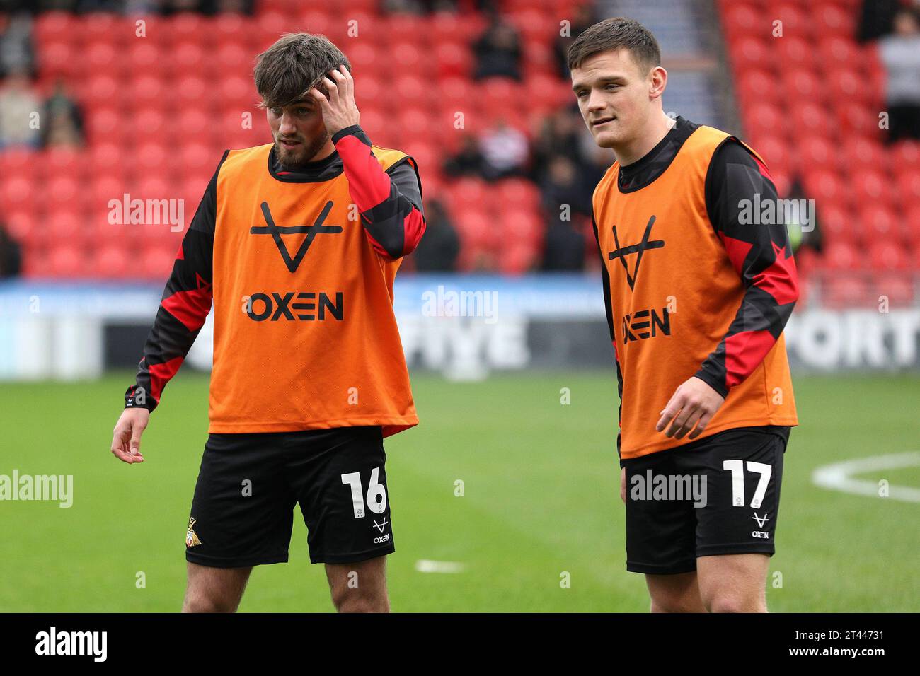 Tom Nixon of Doncaster Rovers (right) and Owen Bailey of Doncaster Rovers during the Sky Bet League 2 match between Doncaster Rovers and Grimsby Town at the Eco-Power Stadium, Doncaster on Saturday 28th October 2023. (Photo: Robert Smith | MI News) Credit: MI News & Sport /Alamy Live News Stock Photo