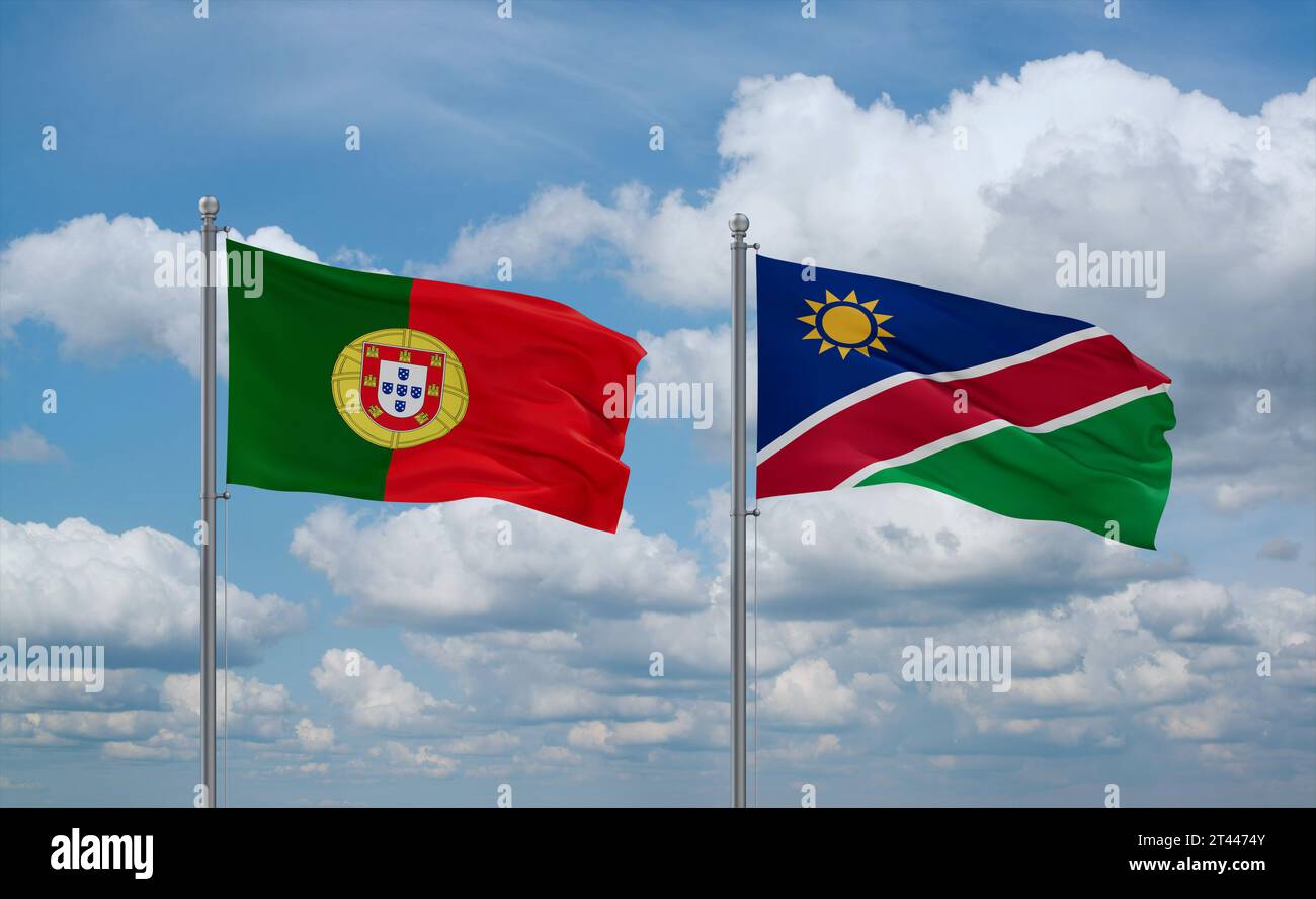 Namibia and Portugal flags waving together in the wind on blue cloudy ...