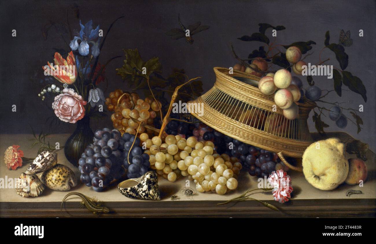 Still Life of Flowers, Fruit, Shells, and Insects by the Dutch Golden Age artist, Balthasar van der Ast (1593/94-1657), oil on oak, c. 1629 Stock Photo