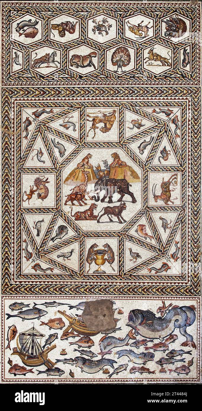The Lod Mosaic. The Lod Mosaic is a mosaic floor dated to ca. 300 AD discovered in 1996 in the Israeli town of Lod. Believed to have been created for a private villa, it is one of the largest (180 m²) and best-preserved mosaic floors uncovered in the country. It depicts land animals, fish and two Roman ships (courtesy Wikipedia) Stock Photo