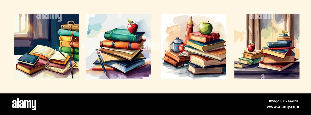 Watercolor Books Set Open Books Stack Books Education Knowledge