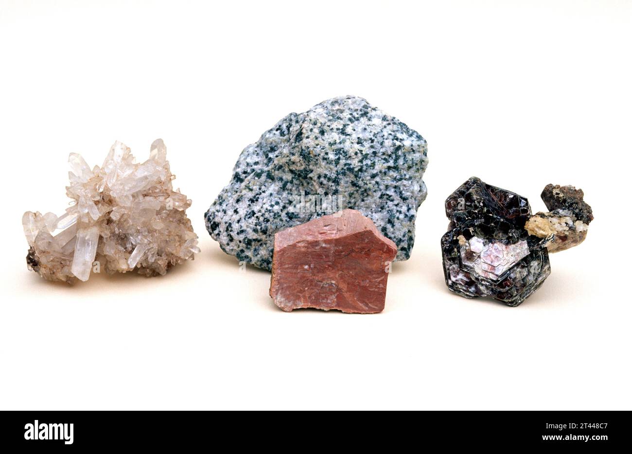 Granite sample (behind) and three of its main mineral components