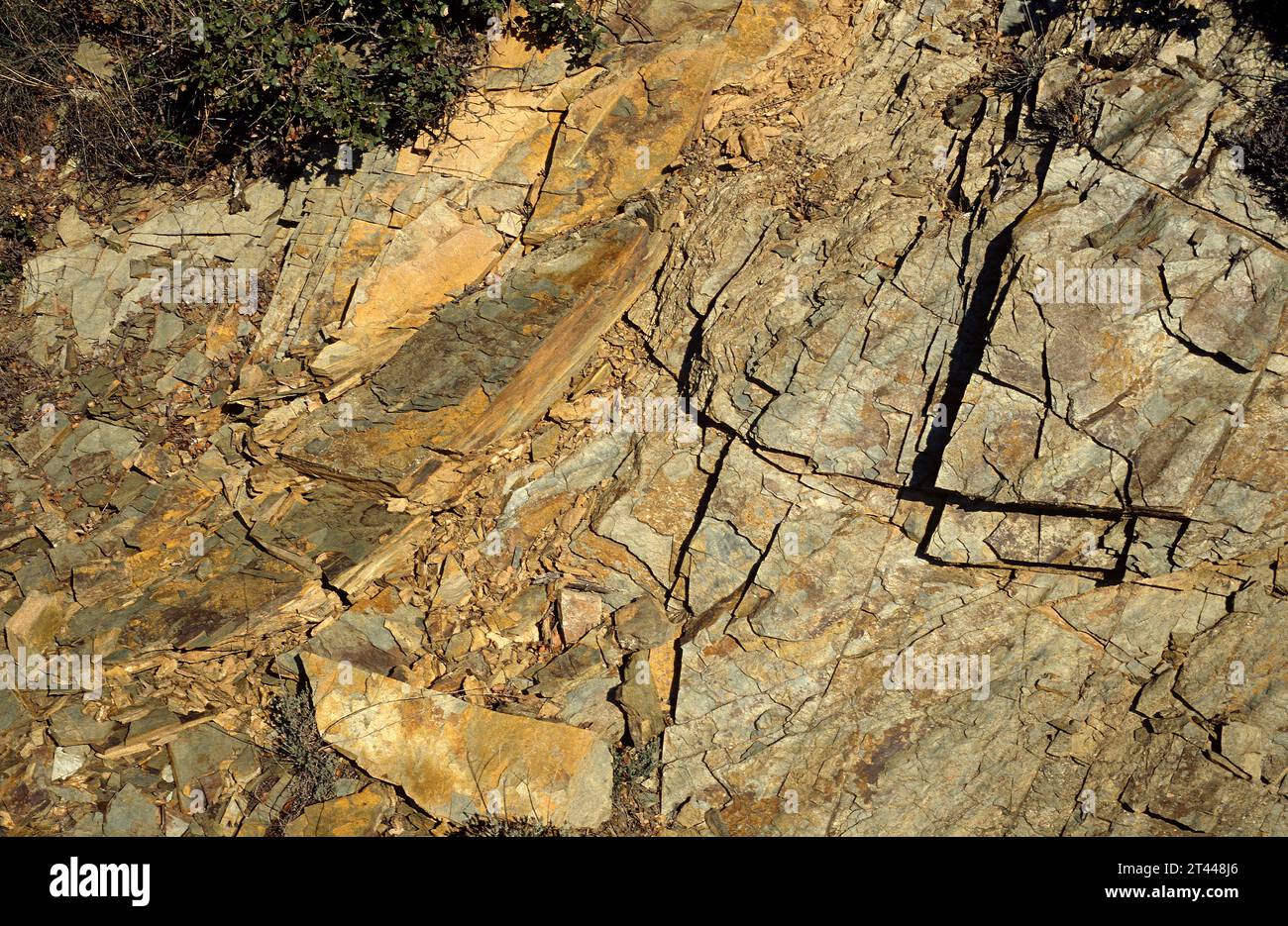 Slate is a foliated metamorphic rock. This photo was taken in El Priorat, Tarragona province, Catalonia, Spain. Stock Photo