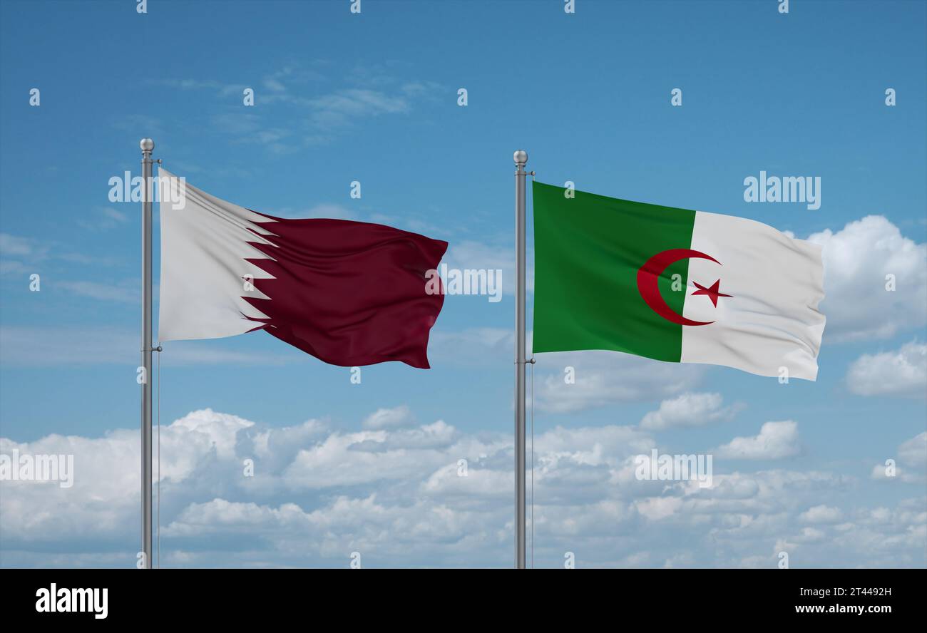 Qatar and Algeria flags waving together in the wind on blue cloudy sky ...
