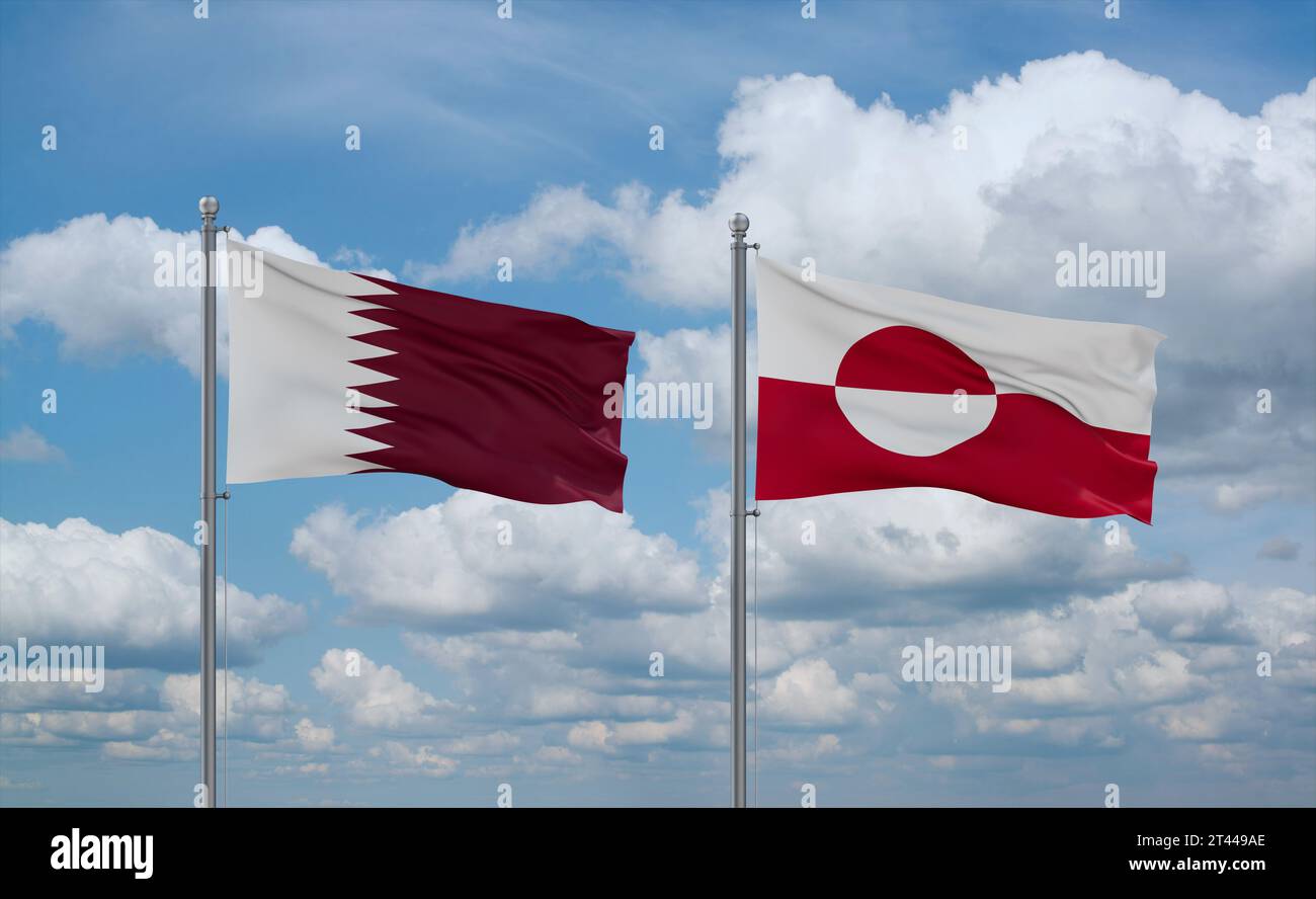 Greenland and Qatar flags waving together on blue cloudy sky, two ...