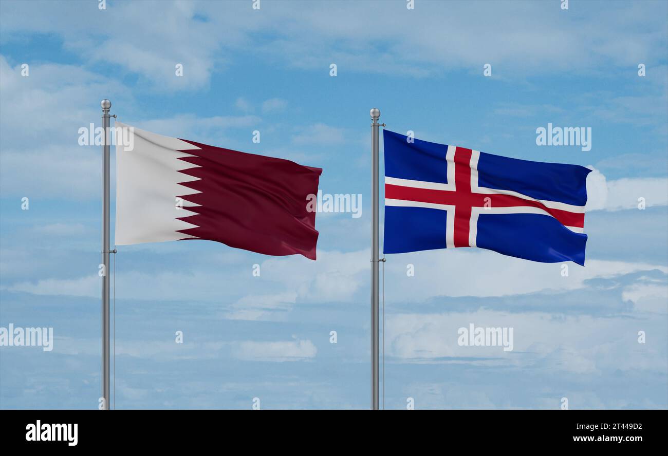 Iceland and Qatar flags waving together in the wind on blue cloudy sky ...