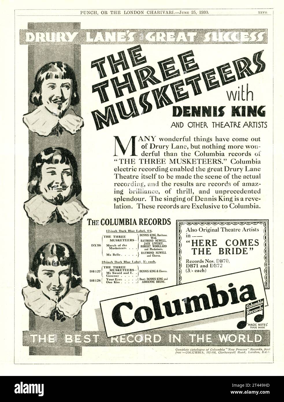 DENNIS KING as D'Artagnan in THE THREE MUSKETEERS Stage Musical at Theatre Royal, Drury Lane in 1930 with music by Rudolf Friml and lyrics by P.G. Wodehouse and Clifford Grey 1930 Magazine Advertisement for 12 inch and 10 inch 78rpm Records from COLUMBIA RECORDS Stock Photo