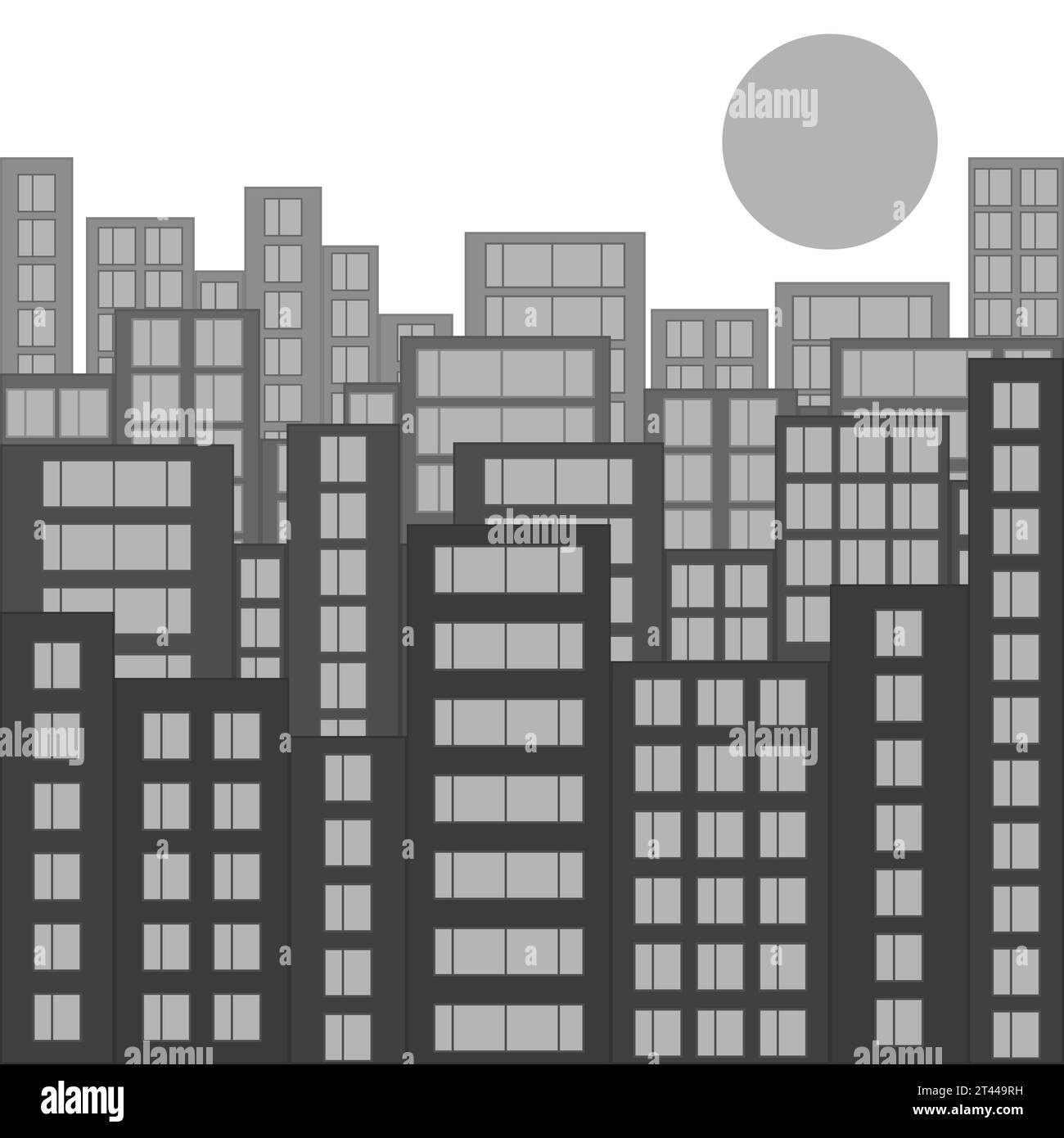 Modern city skyline. Gray cityscape with silhouettes of houses and windows. Morning or daytime with the sun on the horizon. Vector illustration. Stock Vector