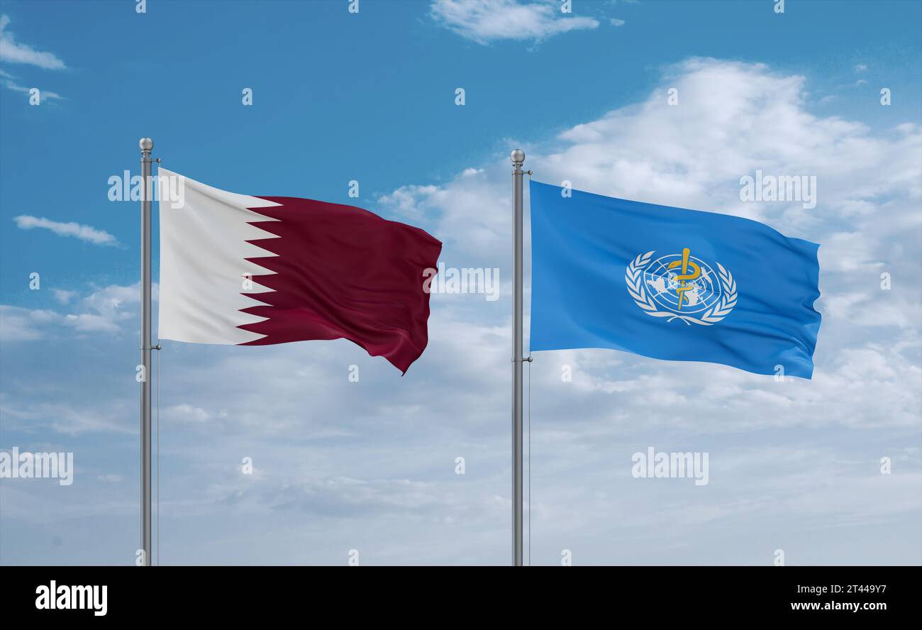 World Health Organization and Qatar flags waving together in the wind ...