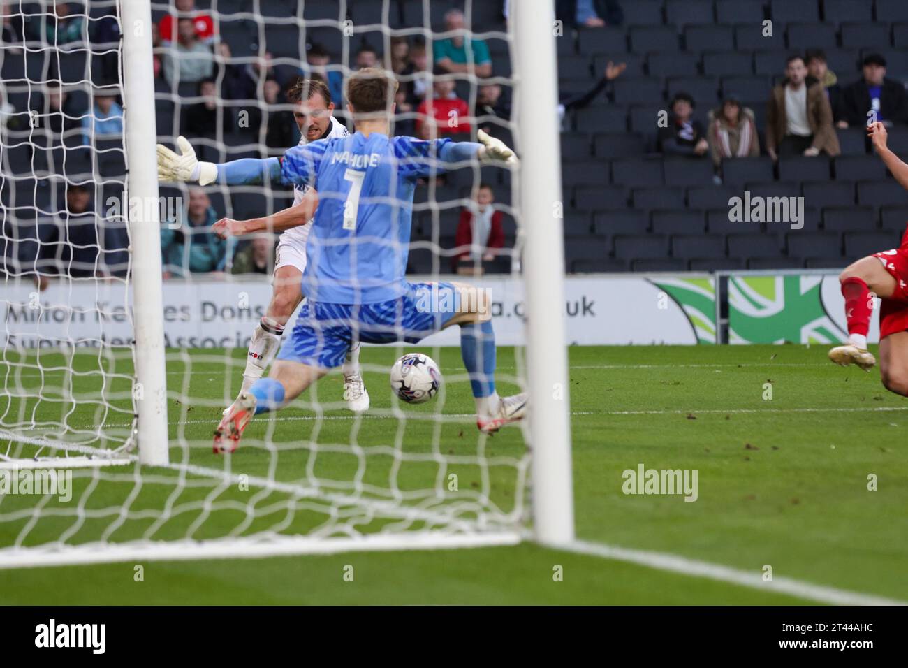 Captain Alex Gilbey scores for Milton Keynes Dons, to extend their lead making it 3 - 1 against Swindon Town, during the second half of the Sky Bet League 2 match between MK Dons and Swindon Town at Stadium MK, Milton Keynes on Saturday 28th October 2023. (Photo: John Cripps | MI News) Credit: MI News & Sport /Alamy Live News Stock Photo