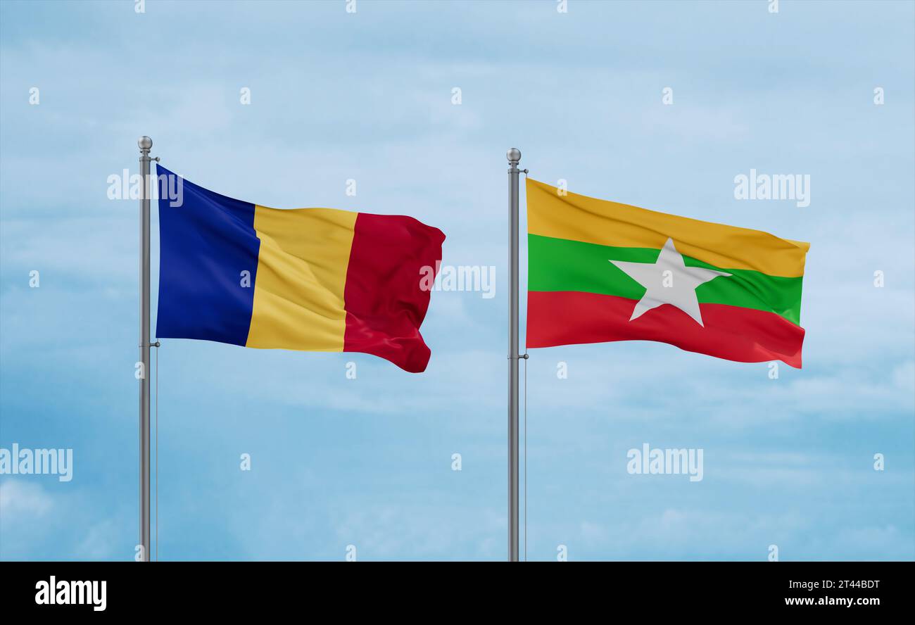 Myanmar aka Burma and Romania flags waving together on blue cloudy sky ...