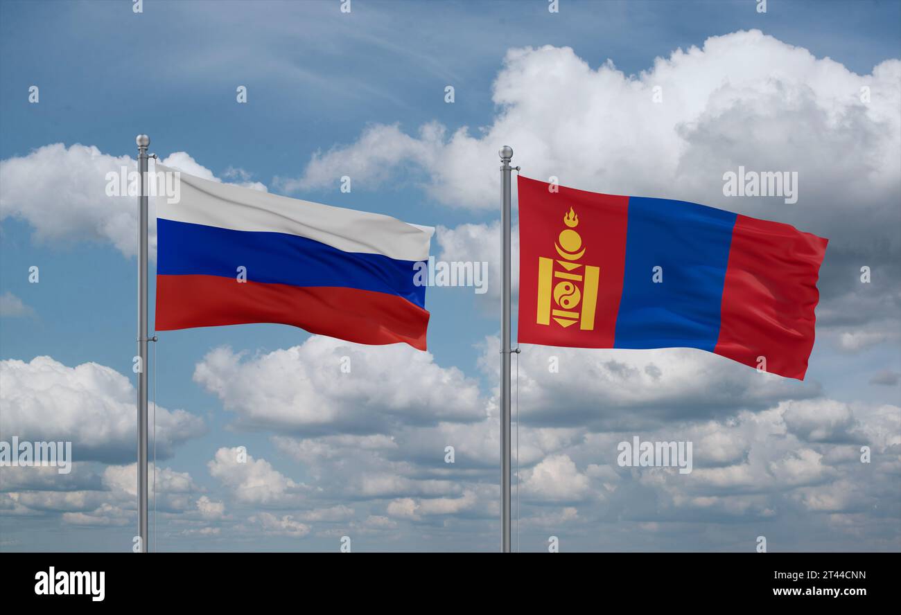 Mongolia and Russia flags waving together in the wind on blue cloudy ...