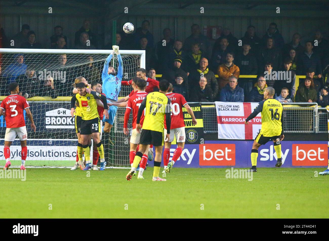 The EnviroVent Stadium, Harrogate, England - 28th October 2023 Harvey Davies Goalkeeper of Crewe Alexandra punches the ball clear - during the game Harrogate Town v Crewe Alexandra, EFL League 2, 2023/24, at The EnviroVent Stadium, Harrogate, England - 28th October 2023 Credit: Arthur Haigh/WhiteRosePhotos/Alamy Live News Stock Photo