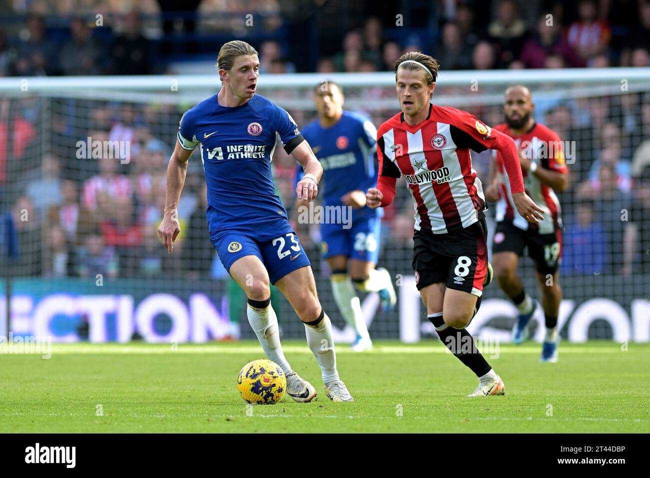 London, UK. 28th Oct, 2023. Conor Gallagher of Chelsea and Mathias Jensen of Brentford FC during the Chelsea vs Brentford Premier League match at Stamford Bridge London Credit: MARTIN DALTON/Alamy Live News Stock Photo