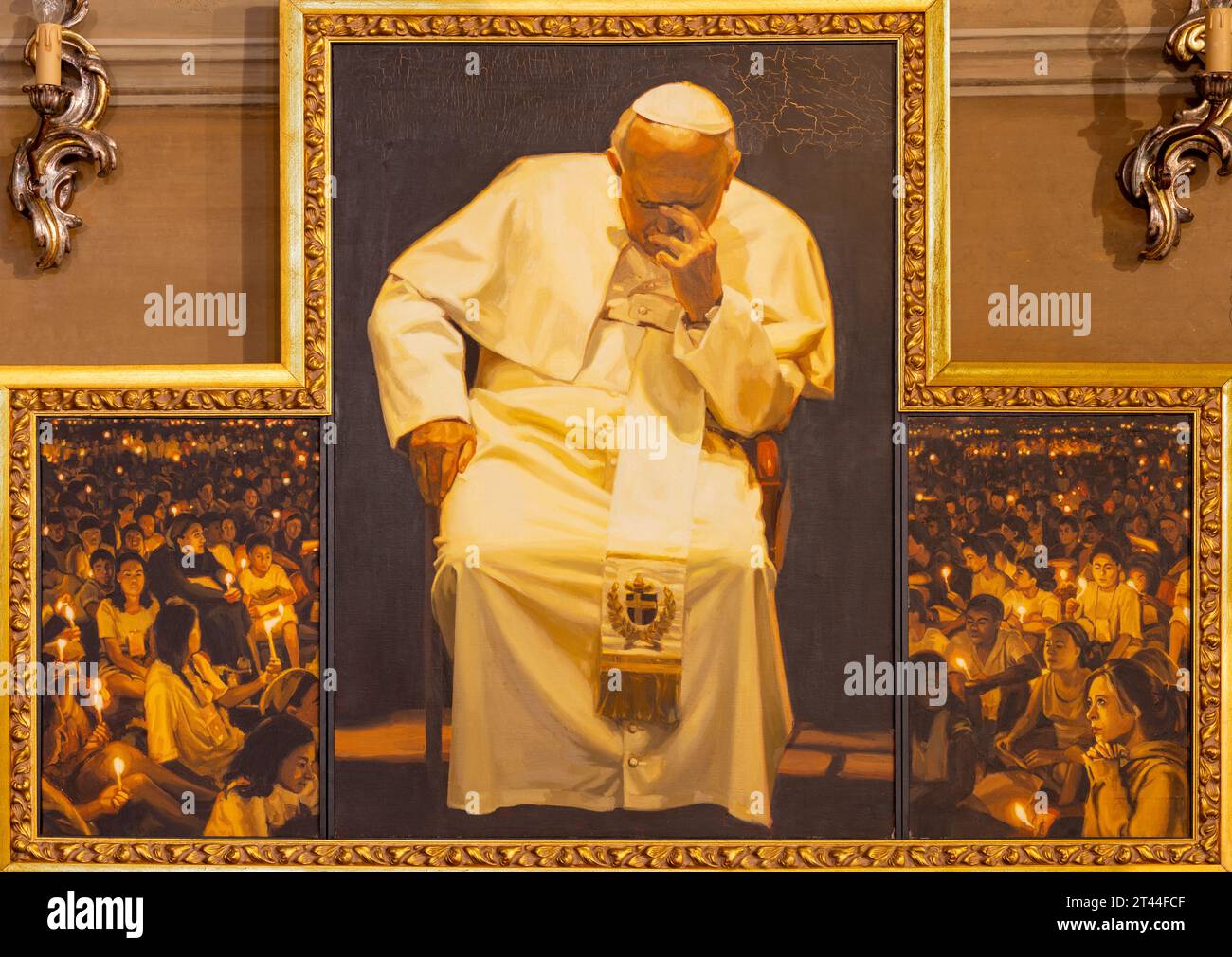 GENOVA, ITALY - MARCH 6, 2023: The painting of pope St. John Paul II at the prayer in the church Chiesa di Santa Caterina by Elizabeth Cyran (2006). Stock Photo