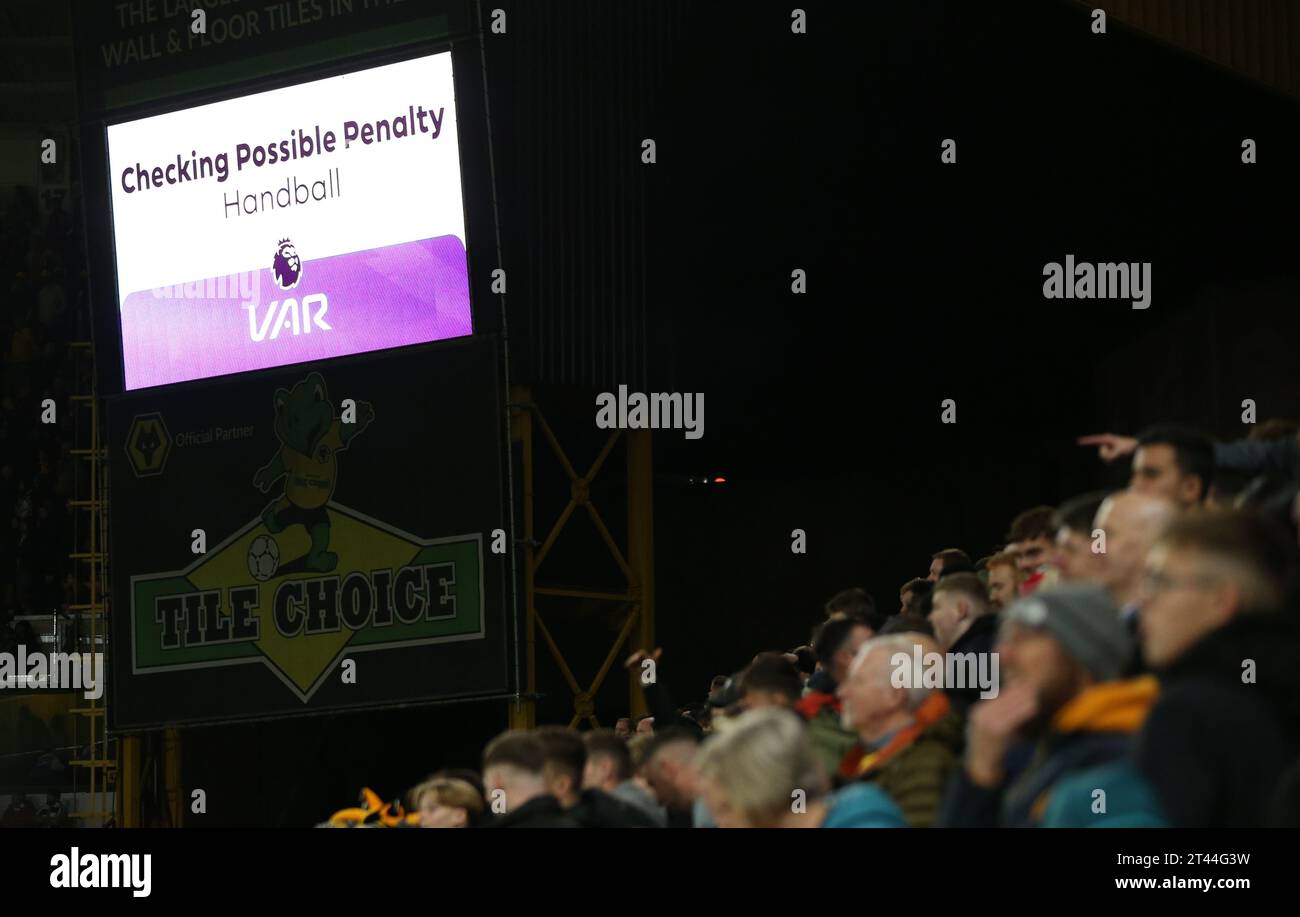 The stadiums big screen shows a VAR check for a possible hand ball ...