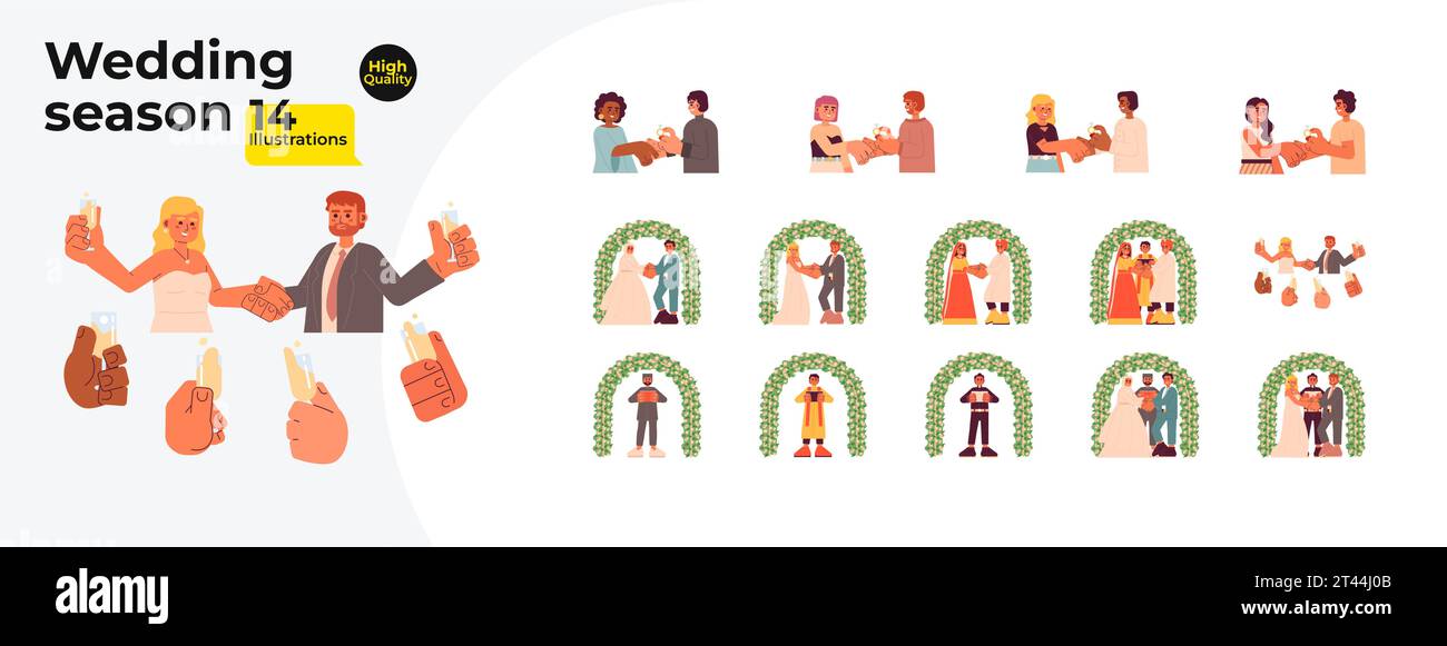 Wedding season cartoon flat illustration bundle Stock Vector