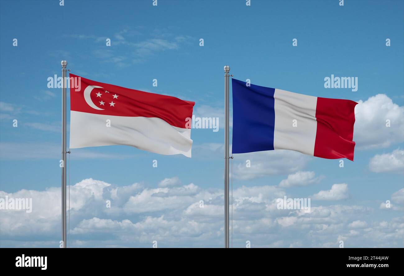Singapore and France flags waving together on blue cloudy sky, two