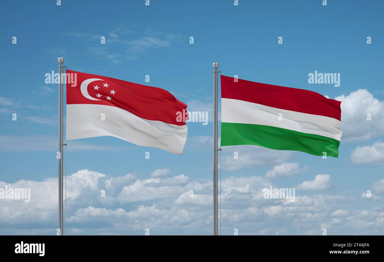 Hungary and Singapore flags waving together on blue cloudy sky, two ...