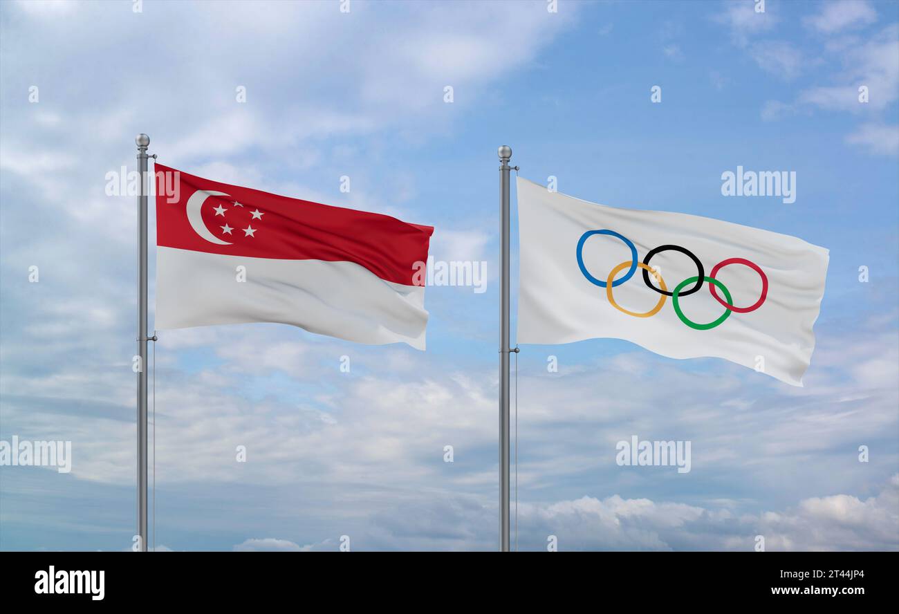 Olympic Games and Singapore flags waving together in the wind on blue ...