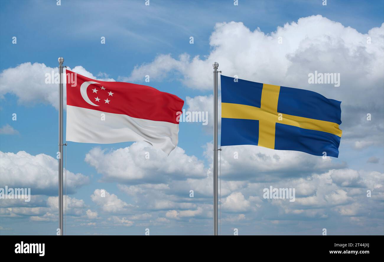 Sweden and Singapore flags waving together in the wind on blue cloudy ...