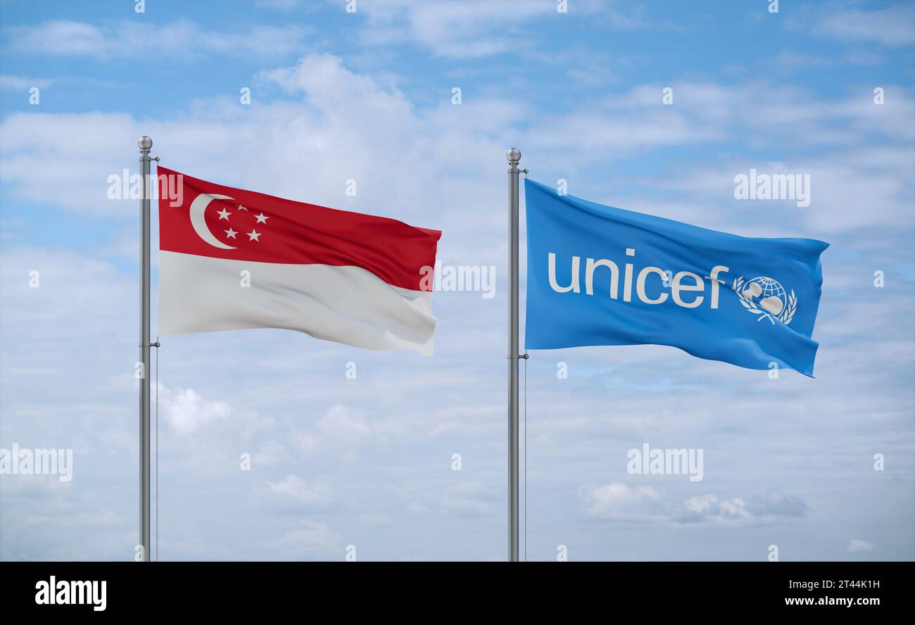 UNICEF and Singapore flags waving together in the wind on blue cloudy ...