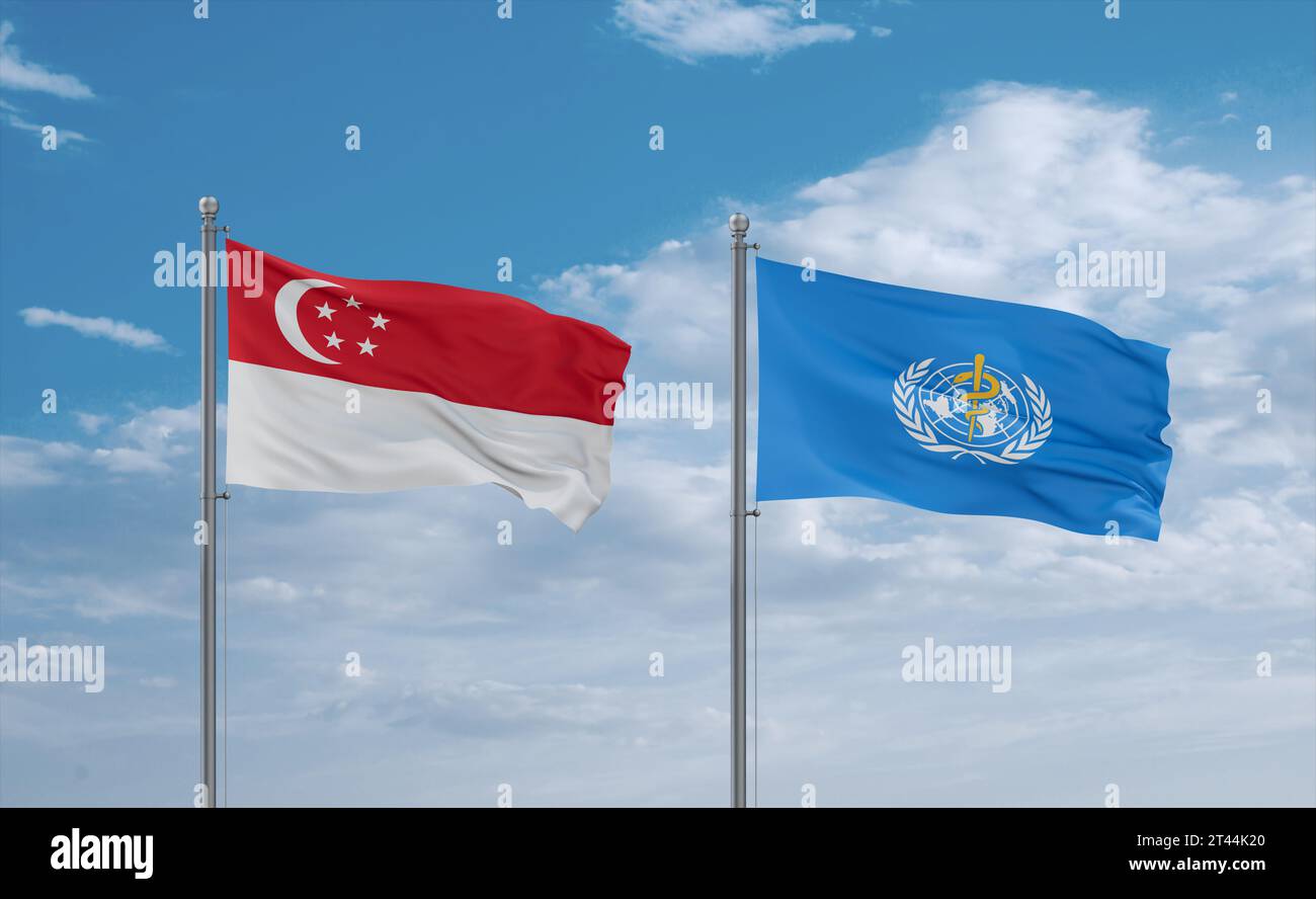 World Health Organization and Singapore flags waving together in the ...