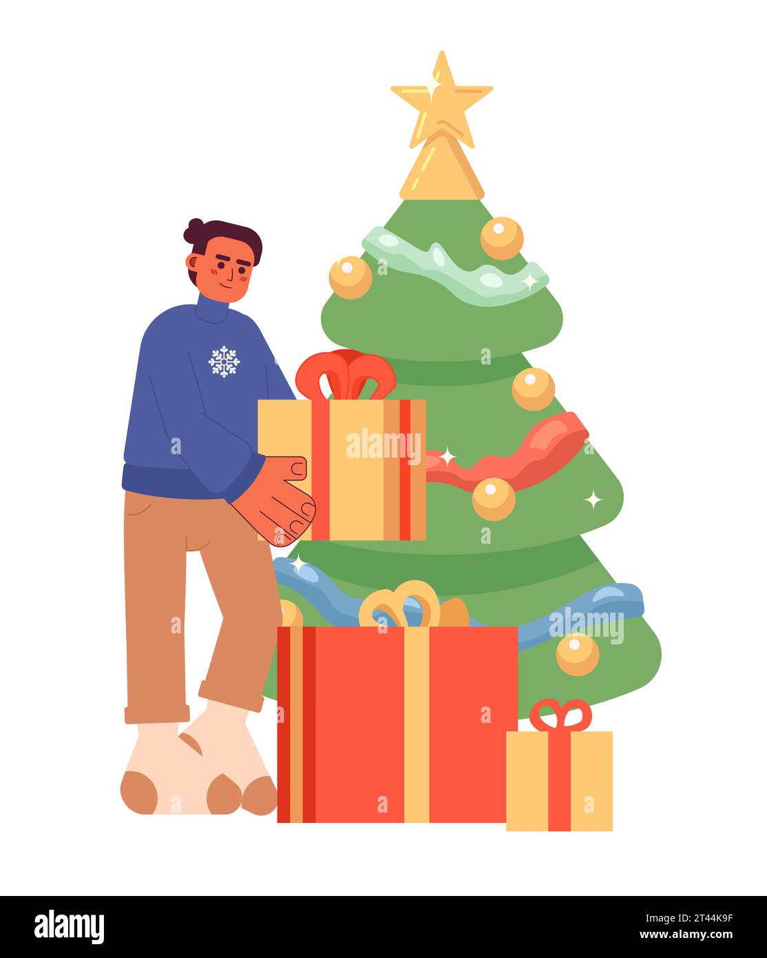 Hispanic man stacking gifts under Xmas tree 2D cartoon character Stock Vector