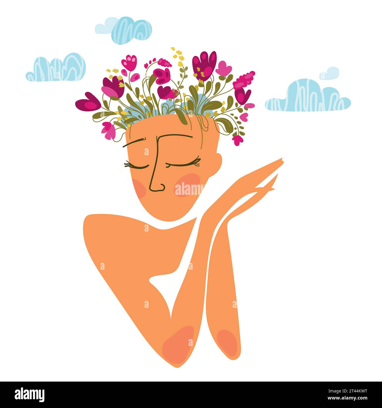 Abstract art woman face with growing flowers in her head vector ...