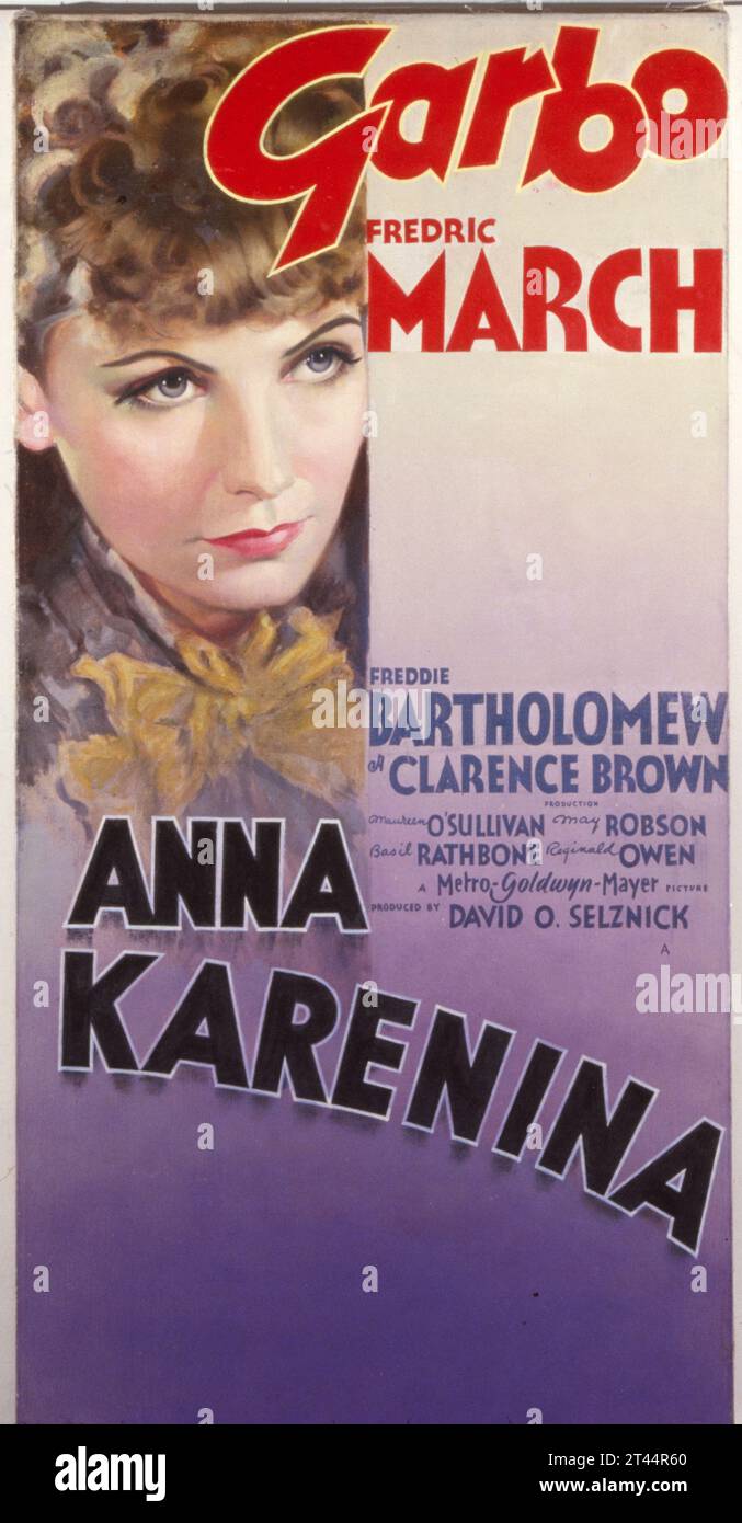 Film poster for the 1935 film Anna Karenina, based on the novel by Leo Tolstoy.  Directed by Clarence Brown and starring Greta Garbo, Frederic March, Basil Rathbone and Maureen O'Sullivan. Stock Photo