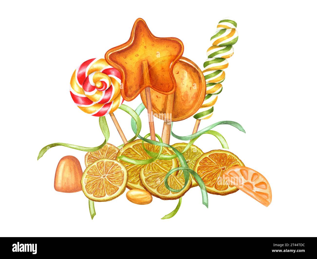 Orange flavored lollipops. Citrus caramels of different shapes, fruit