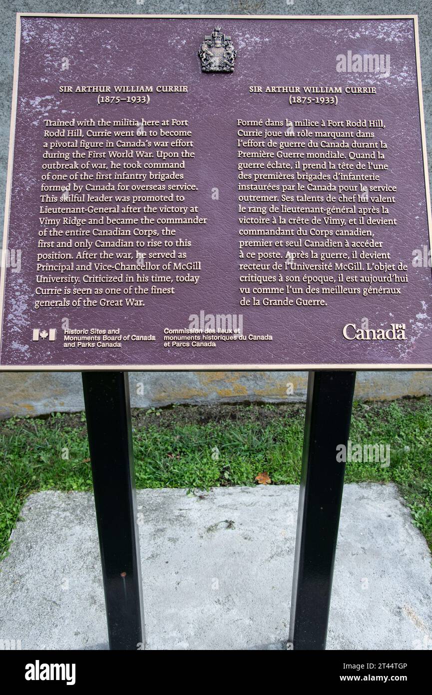 Sir Arthur William Currie plaque at Fort Rodd Hill & Fisgard Lighthouse National Historic Site in Victoria, British Columbia, Canada Stock Photo