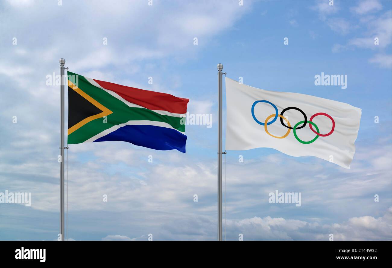 Olympic Games and South Africa flags waving together in the wind on