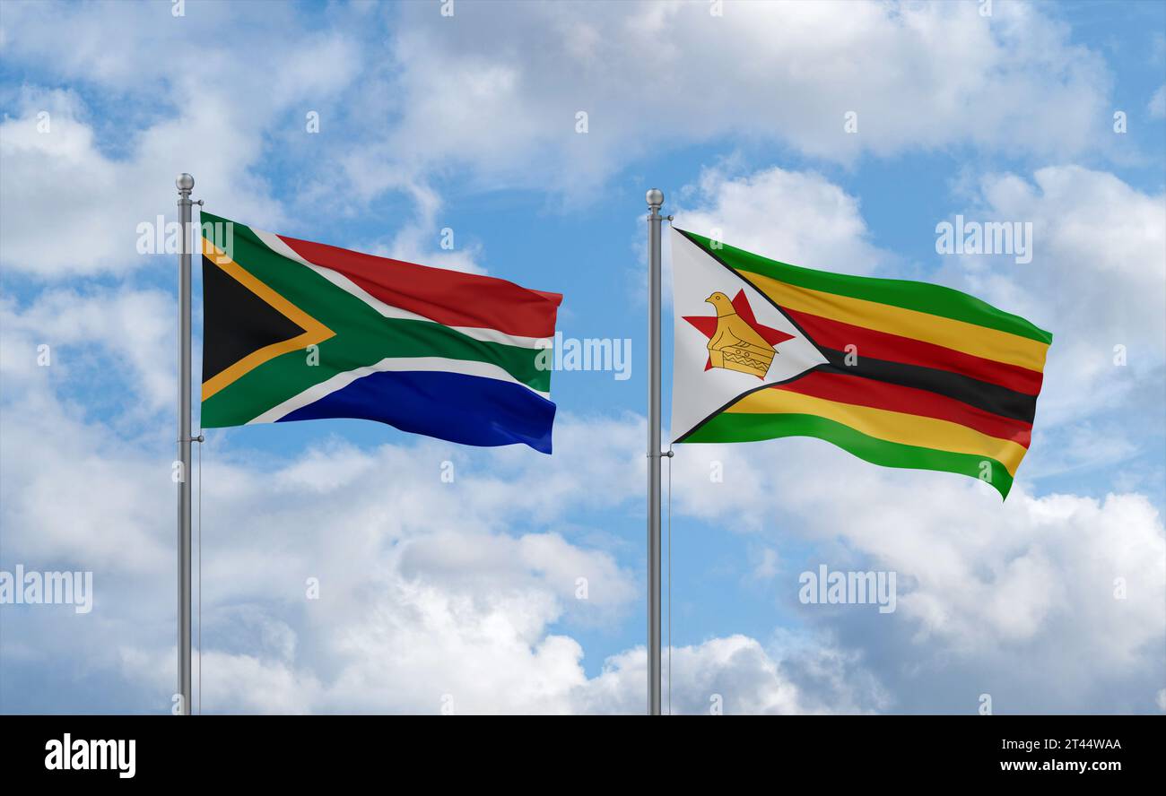Zimbabwe and South Africa flags waving together in the wind on blue ...