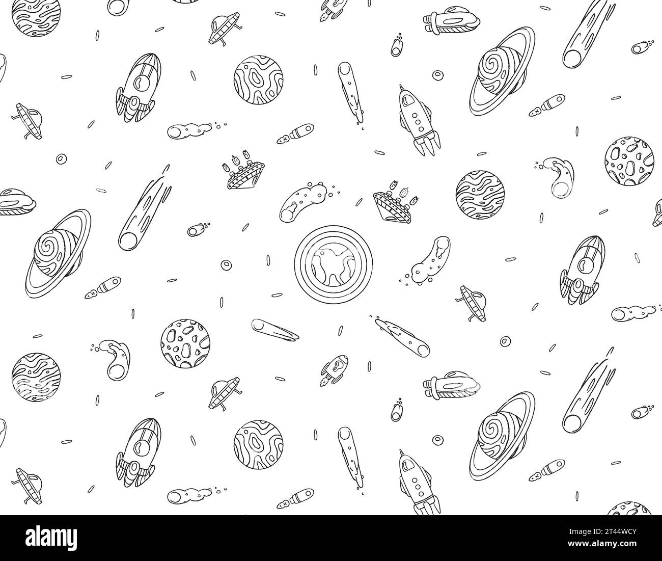 Space doodle pattern for children, planets and stars, Design on a transparent background. Vector graphics for textile print. sky in space Stock Vector
