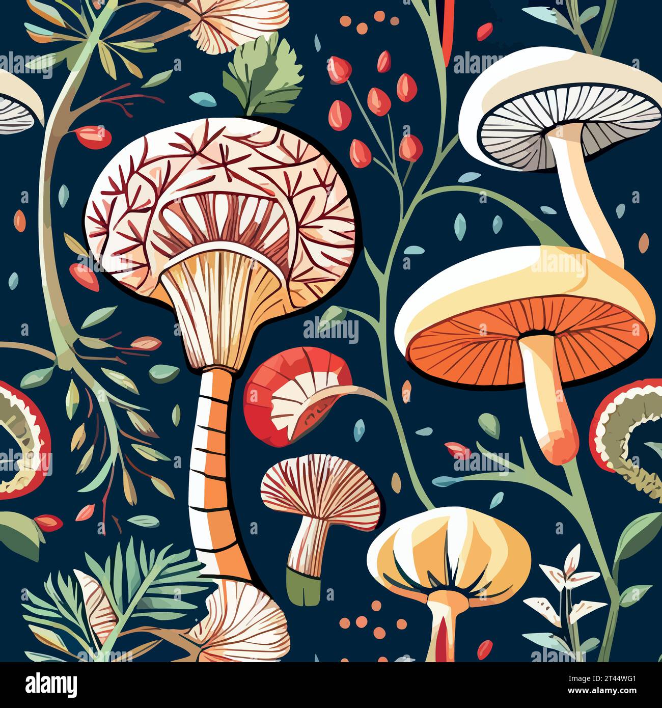 Autumn pattern with mushrooms, berries and leaves Natural trendy print vector illustration. Vector illustration Stock Vector