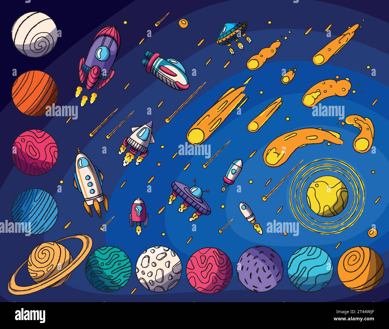 Set of space, star elements, adventures in space, transport, vector set for children, in color illustration. Brush drawn, cartoon style Stock Vector
