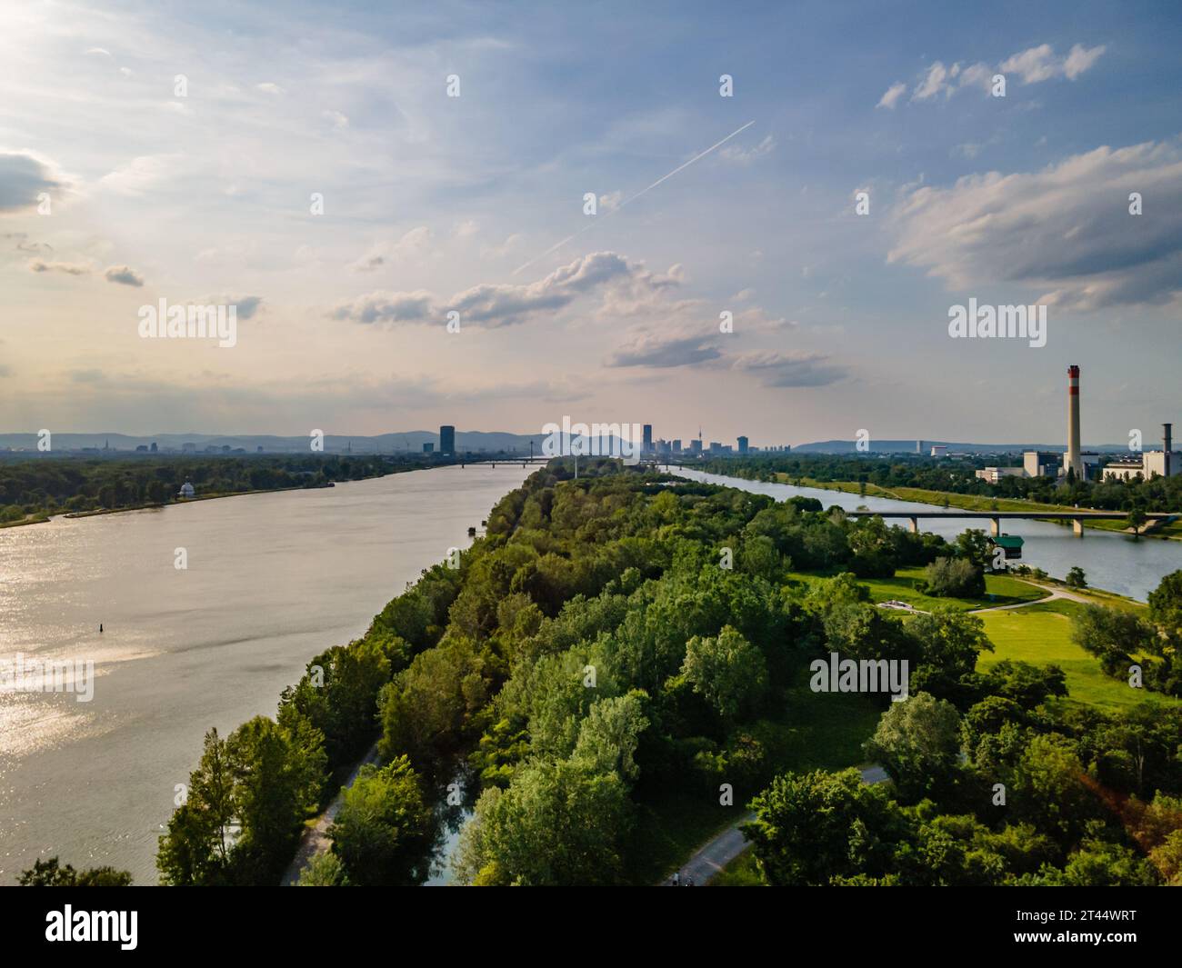 Aerial drone view of Danube river in Vienna Austria cityscape with danube island Stock Photo