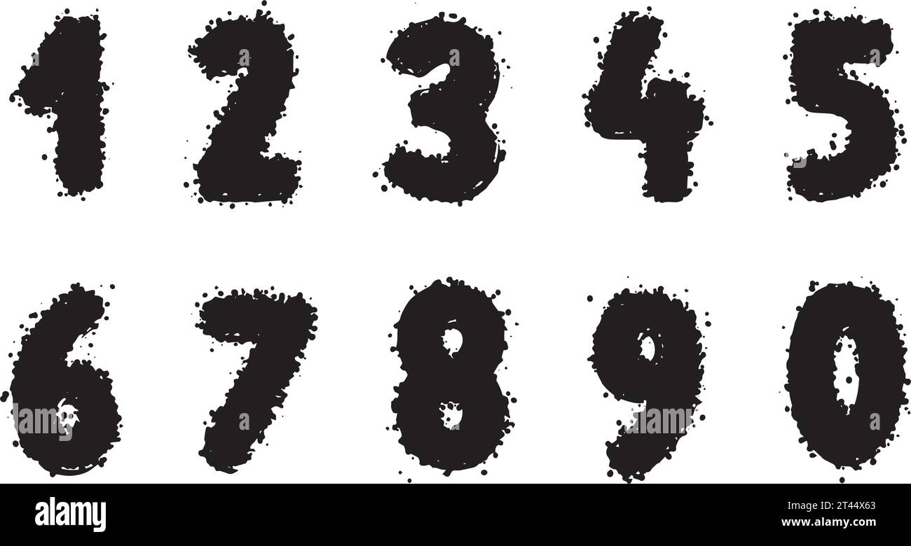 Set of brush drawn numbers, vector graphics, spray elements. Texture