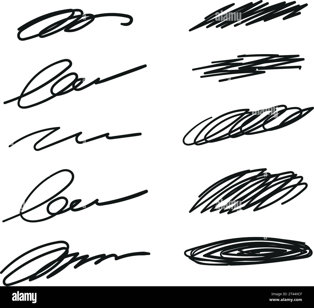 Set of hand doodle signature. Collection of handwriting doodles with pen. Document underline doodle. Vector illustration isolated on transparent backg Stock Vector