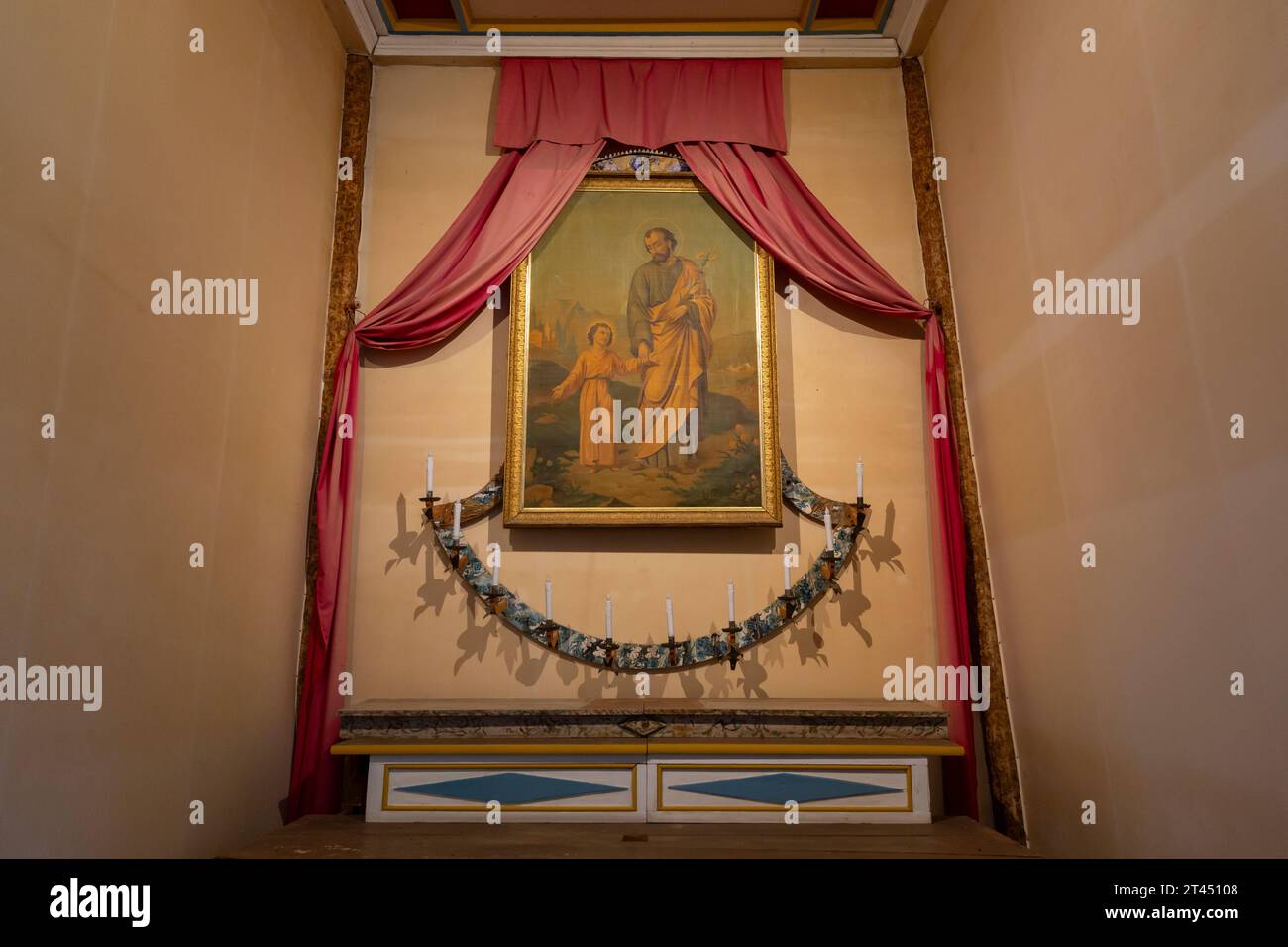 Simple altar at the Mission of the Sacred Heart in Old Mission State Park, Cataldo, Idaho